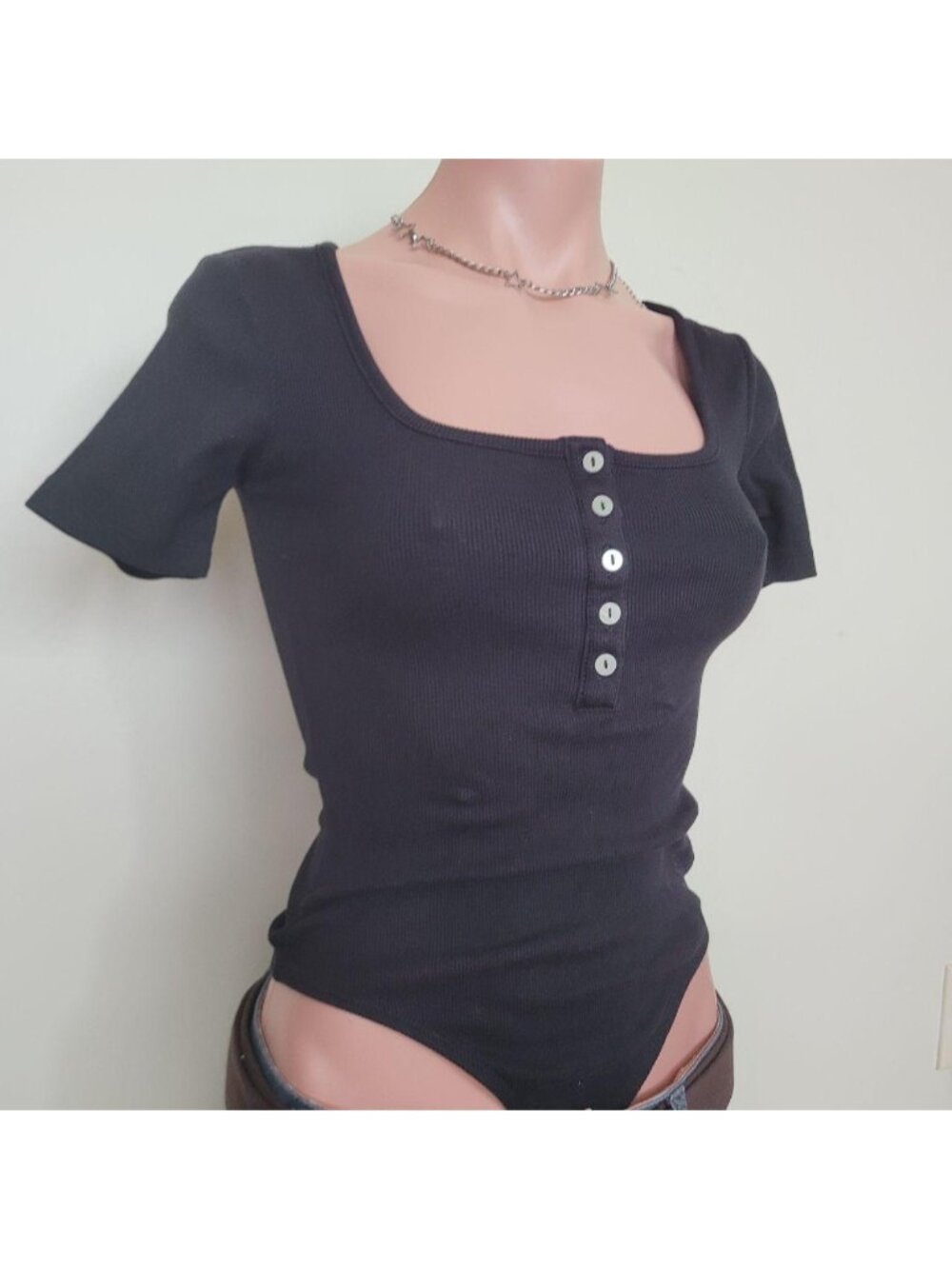George Nineties Basic Scoop Henley Neck Cotton Short Sleeve Bodysuit (XS)
